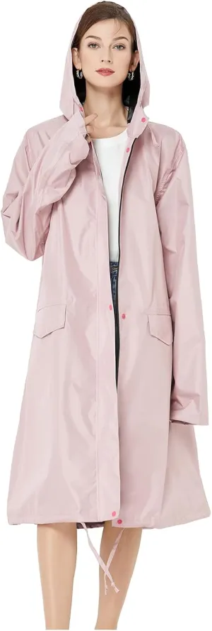 Freesmily Women Long Raincoat Waterproof Rain Jacket with Hood Zipper and Pockets Outdoors