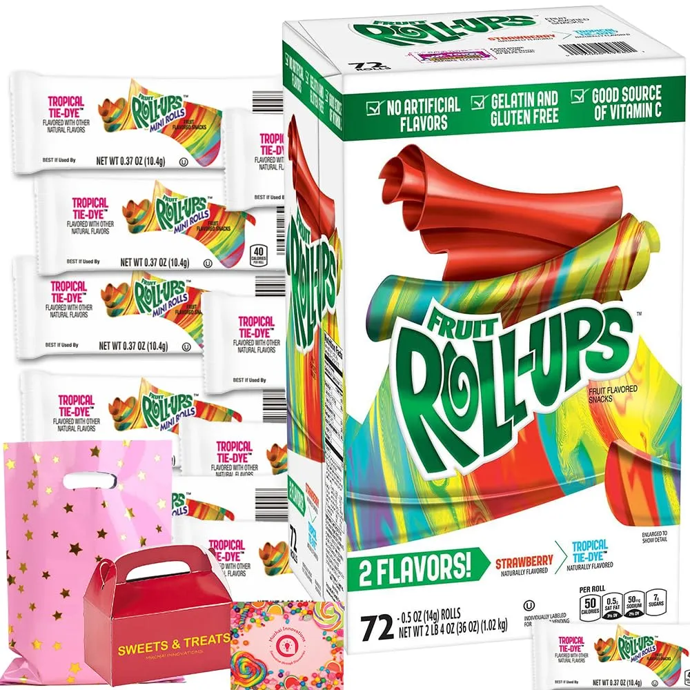 Fruit Roll Up Variety | Strawberry & Tropical Tie Dye | Gelatin & Gluten Free | After School Lunch Picnic Birthday Party Dessert | Card & Box Included - 72 Pack