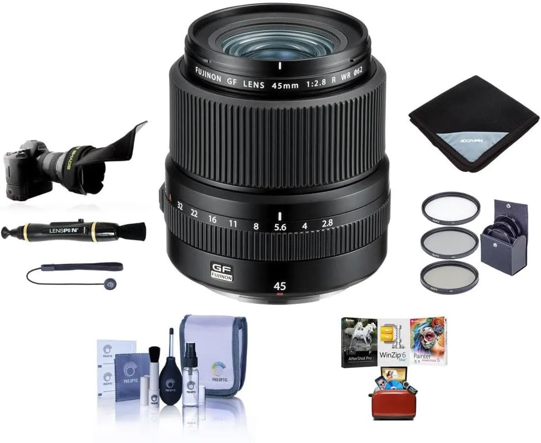 Fujifilm GF 45mm f/2.8 R WR Lens, Bundle with ProOptic 62mm Filter Kit, Lens Cap Tether, Cleaning Kit, Flex Lens Shade, Lens Wrap, LensPen Cleaner, Mac Software Kit