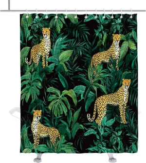 Fun Leopard Cheetah Shower Curtain Green Tropical Jungle Yellow Cheetah Print Shower Curtains Set Masculine Animal Cheetahs Vintage Bathroom Decor with Hooks 72" W x 84" H