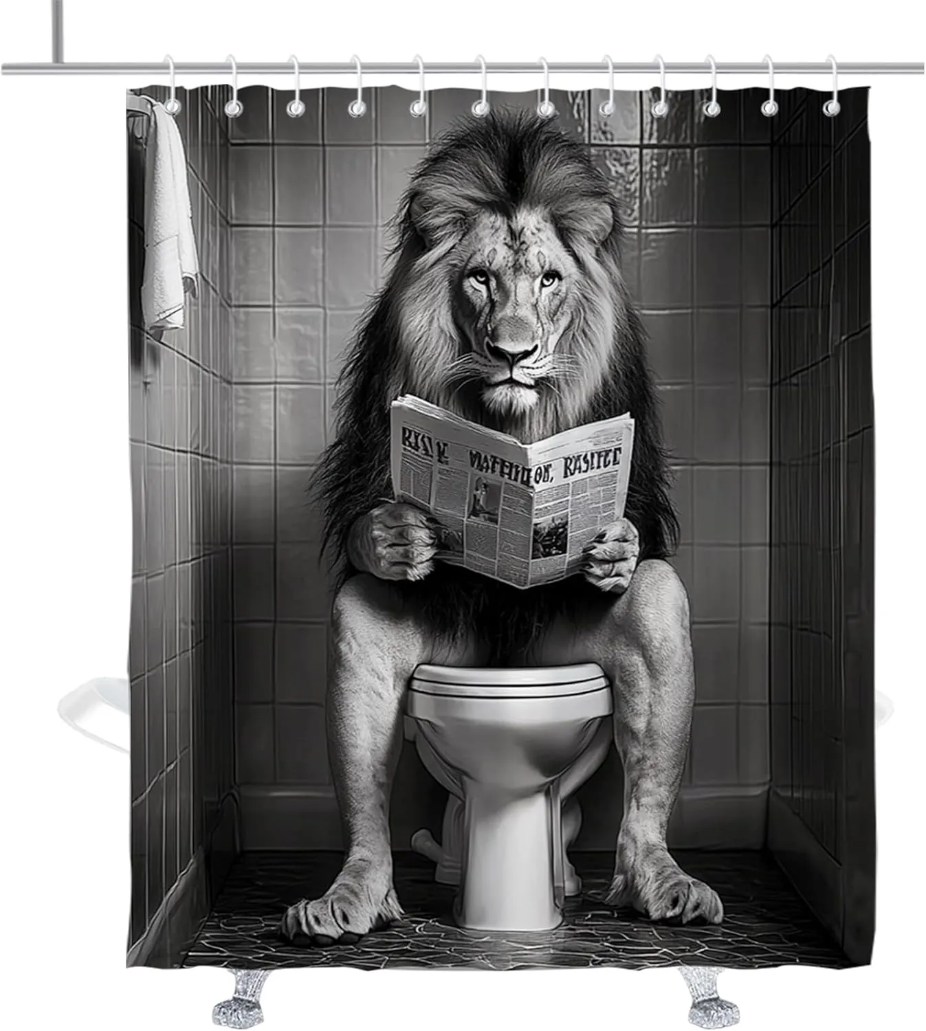 Funny Lion Shower Curtain Retro Abstract Animal Reading Newspaper on Toilet Shower Curtains Set Retro Art for Mens Boy Masculine Bathroom Decor Accessory with Hooks 72" W x 84" H