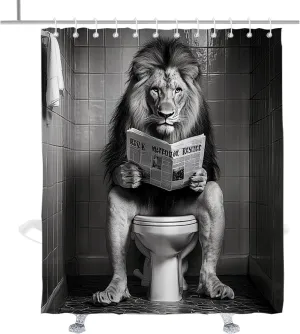 Funny Lion Shower Curtain Retro Abstract Animal Reading Newspaper on Toilet Shower Curtains Set Retro Art for Mens Boy Masculine Bathroom Decor Accessory with Hooks 72" W x 84" H