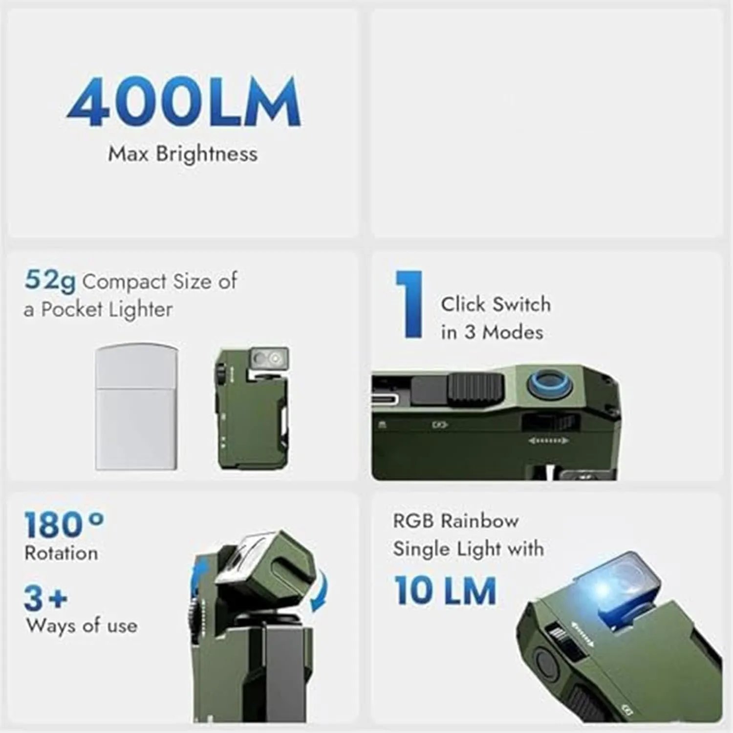 G5 EDC Light 400 Lumens, G5 Pocket-Sized LED Light, Super Bright 3 Modes Keychain Flashlight, 180° Rotation, Dual Lights, IP68 Waterproof, for Outdoor, Emergency & Daily Carry (Green)