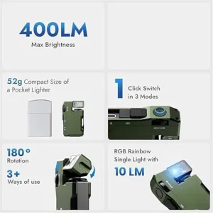 G5 EDC Light 400 Lumens, G5 Pocket-Sized LED Light, Super Bright 3 Modes Keychain Flashlight, 180° Rotation, Dual Lights, IP68 Waterproof, for Outdoor, Emergency & Daily Carry (Green)