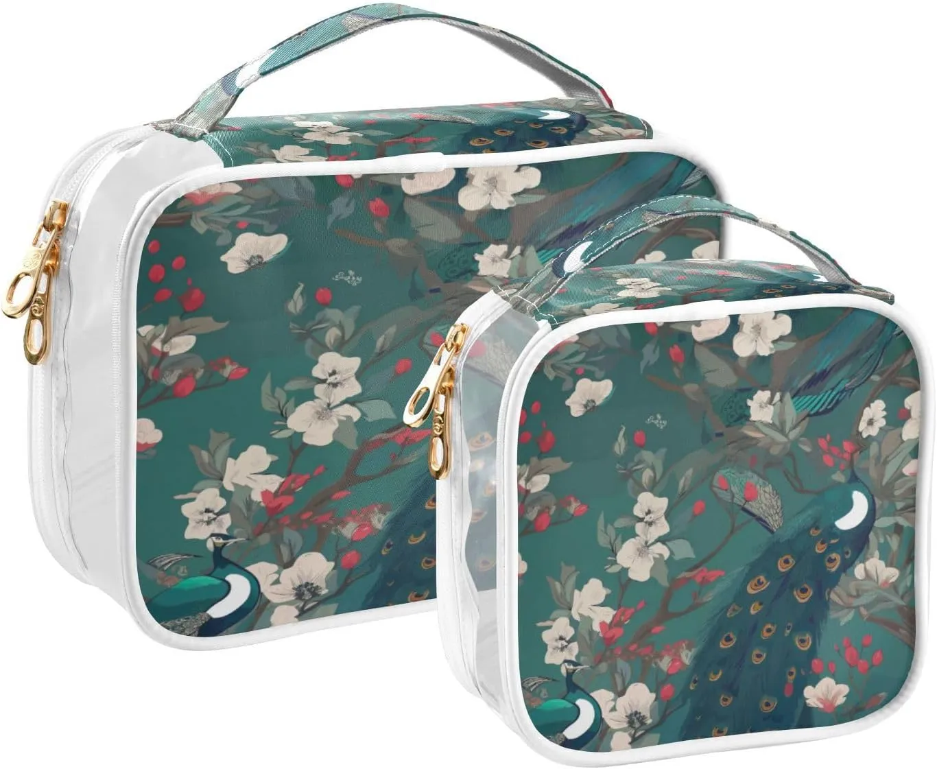 GAIGEO Creative Flowers Peacock Clear Cosmetic Bag Set, Cosmetic Bag with Handle, Waterproof Toiletry Bag for Women, 2 Pack