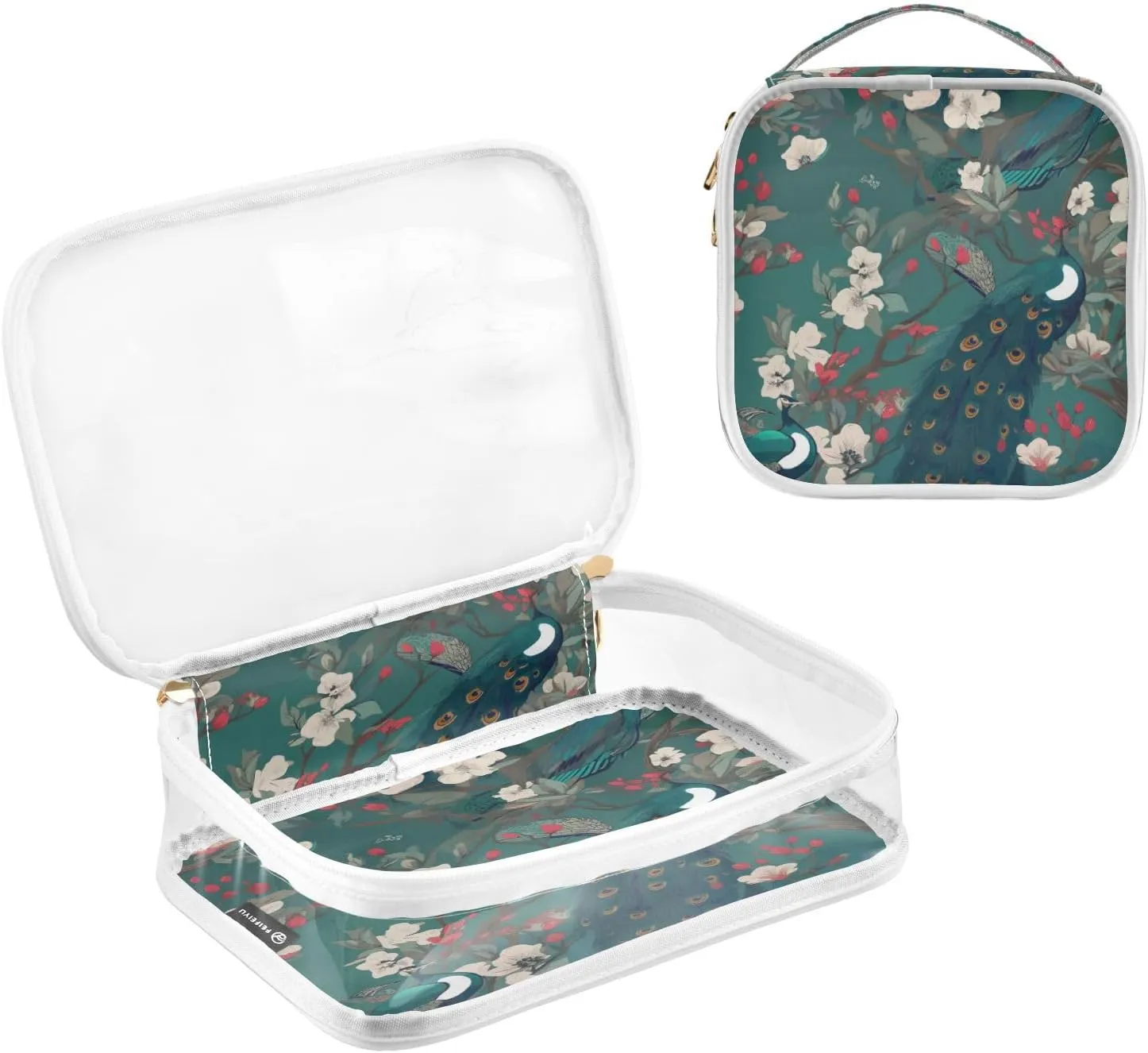 GAIGEO Creative Flowers Peacock Clear Cosmetic Bag Set, Cosmetic Bag with Handle, Waterproof Toiletry Bag for Women, 2 Pack