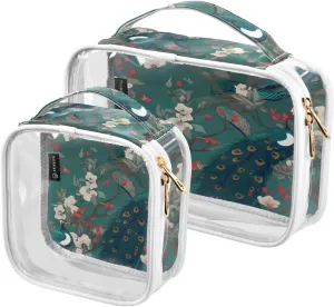 GAIGEO Creative Flowers Peacock Clear Cosmetic Bag Set, Cosmetic Bag with Handle, Waterproof Toiletry Bag for Women, 2 Pack