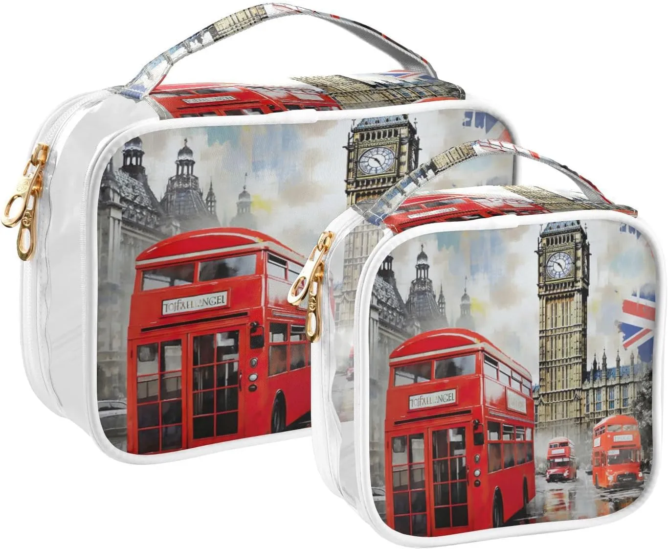 GAIGEO London Red Bus With Big Ben Makeup Travel Bag Set, Car Toiletry Bag, Cosmetic Travel Bags for Women, 2 Pack