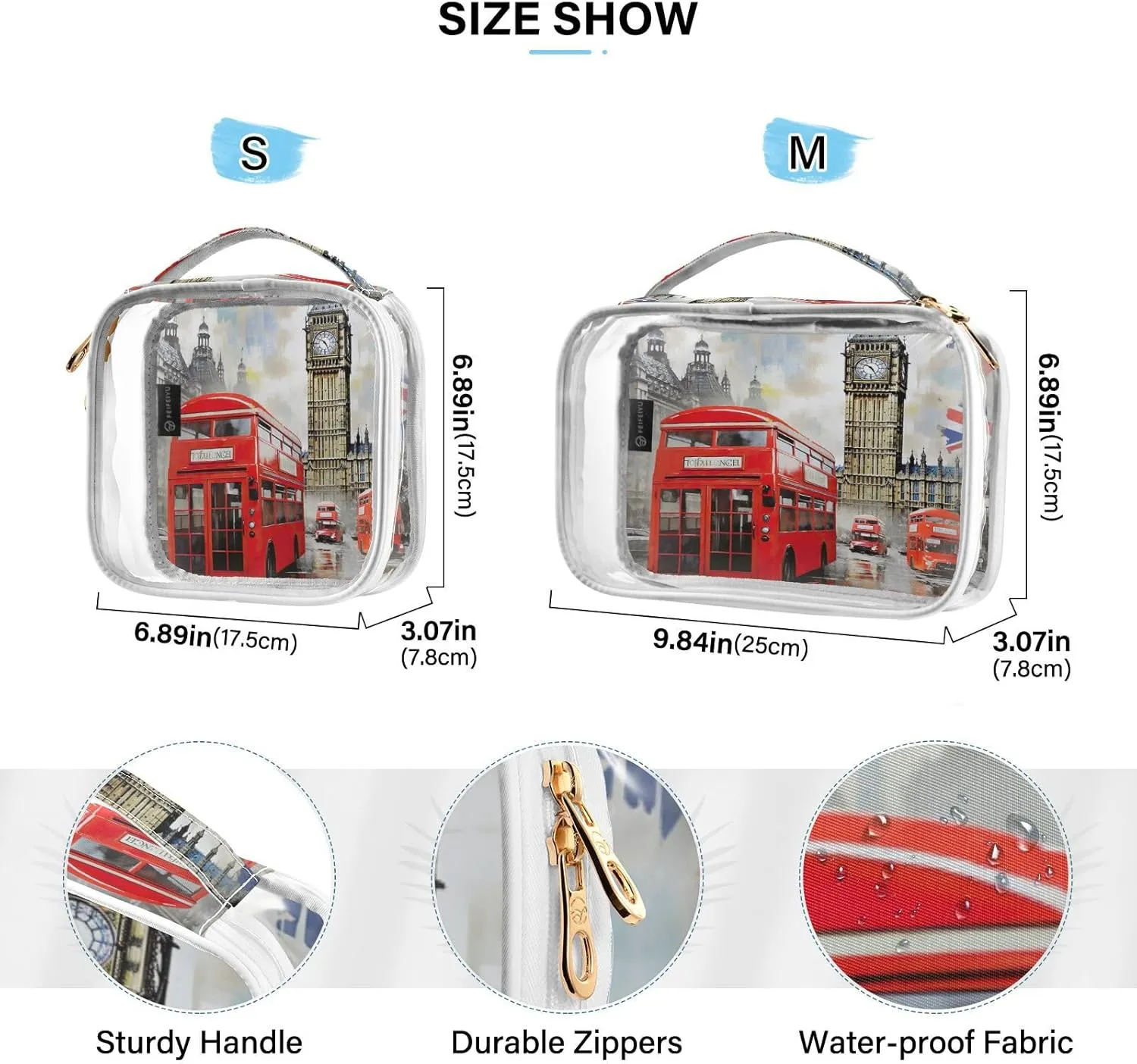 GAIGEO London Red Bus With Big Ben Makeup Travel Bag Set, Car Toiletry Bag, Cosmetic Travel Bags for Women, 2 Pack