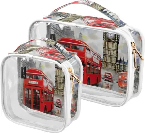 GAIGEO London Red Bus With Big Ben Makeup Travel Bag Set, Car Toiletry Bag, Cosmetic Travel Bags for Women, 2 Pack