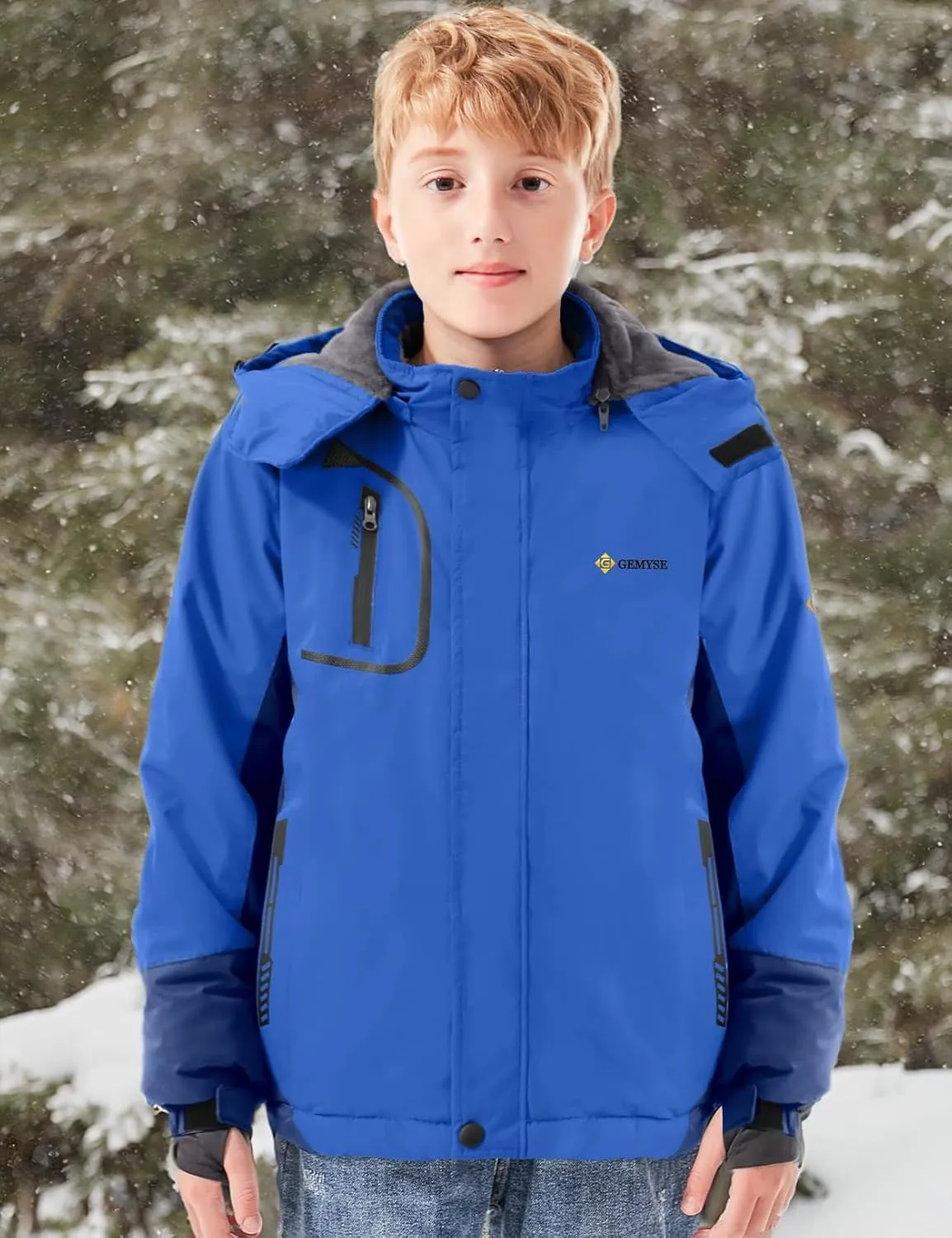 GEMYSE Boy's Waterproof Ski Snow Jacket Fleece Windproof Winter Jacket with Hood