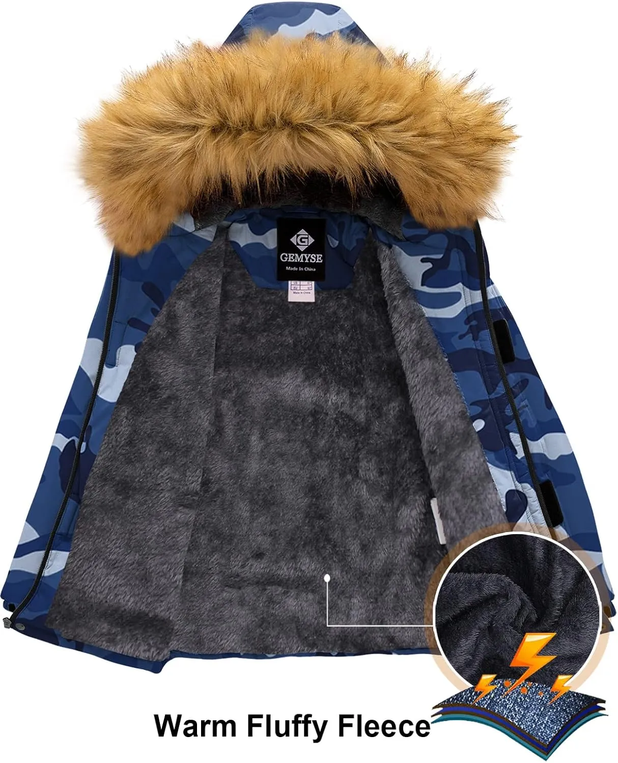 GEMYSE Boy's Winter Waterproof Ski Snow Jacket Hooded Fleece Windproof Jacket