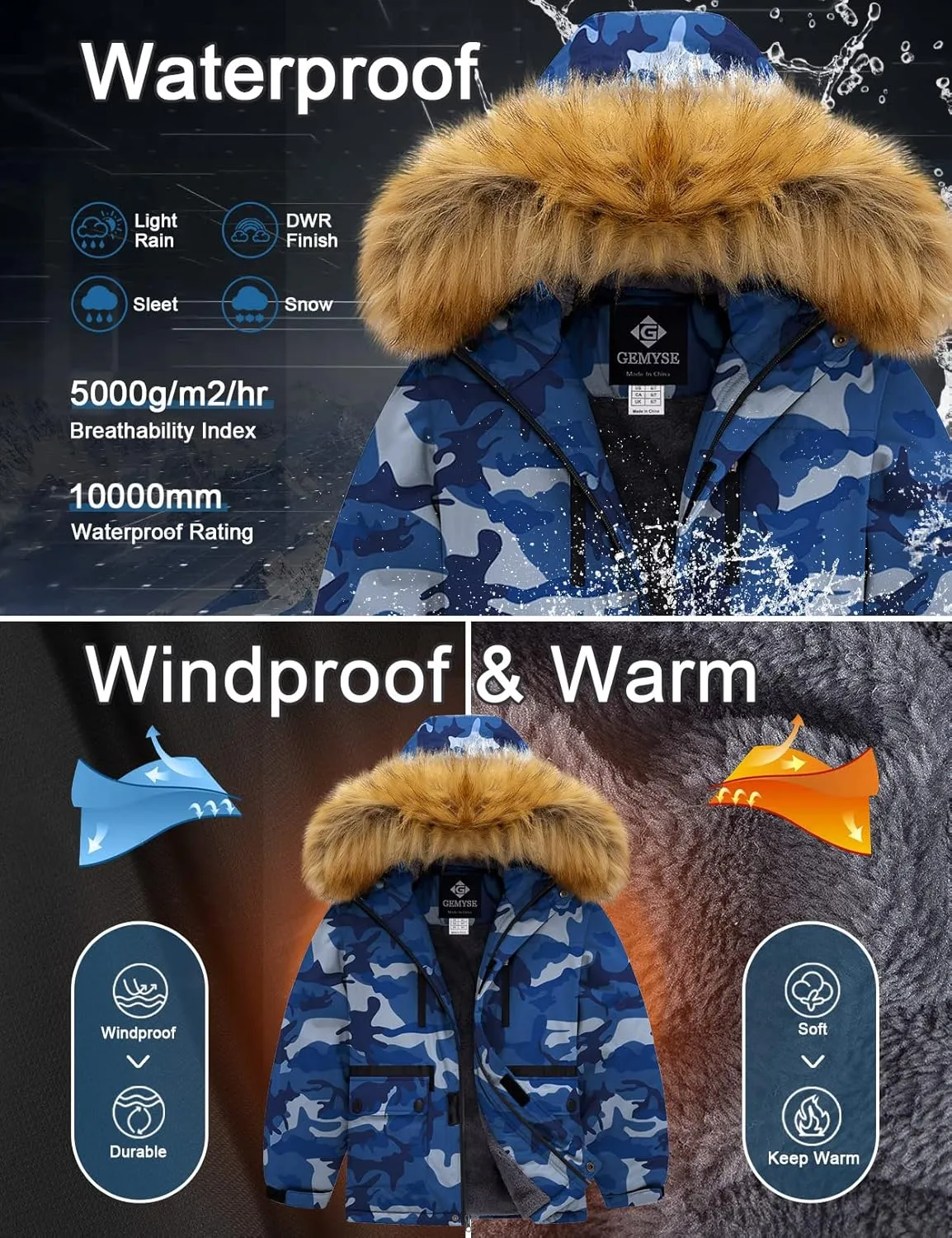 GEMYSE Boy's Winter Waterproof Ski Snow Jacket Hooded Fleece Windproof Jacket