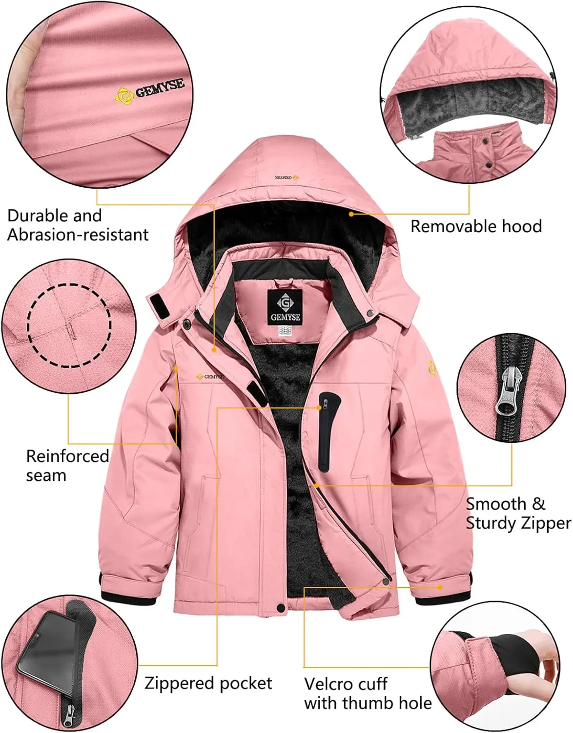 GEMYSE Girl's Waterproof Ski Snow Jacket Fleece Windproof Winter Jacket with Hood