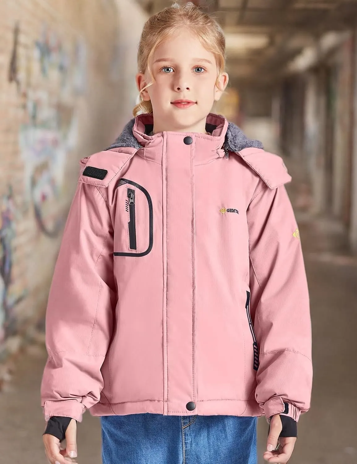 GEMYSE Girl's Waterproof Ski Snow Jacket Fleece Windproof Winter Jacket with Hood