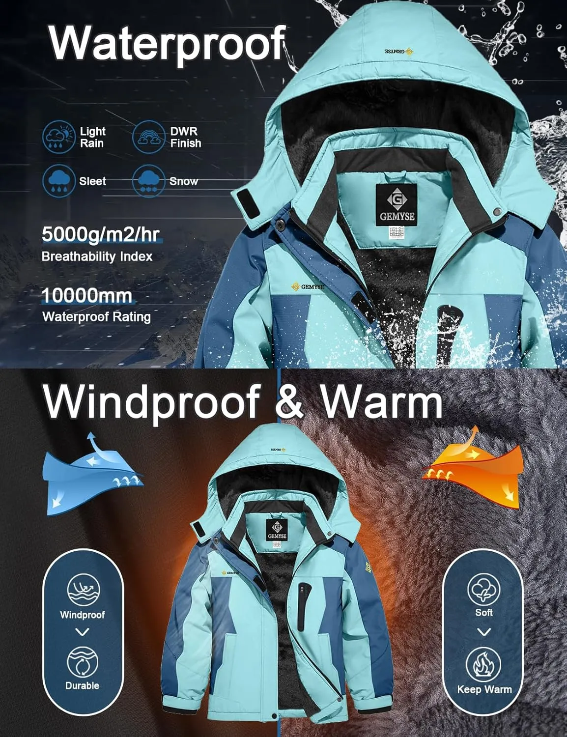 GEMYSE Girl's Waterproof Ski Snow Jacket Hooded Fleece Lined Windproof Winter Jacket