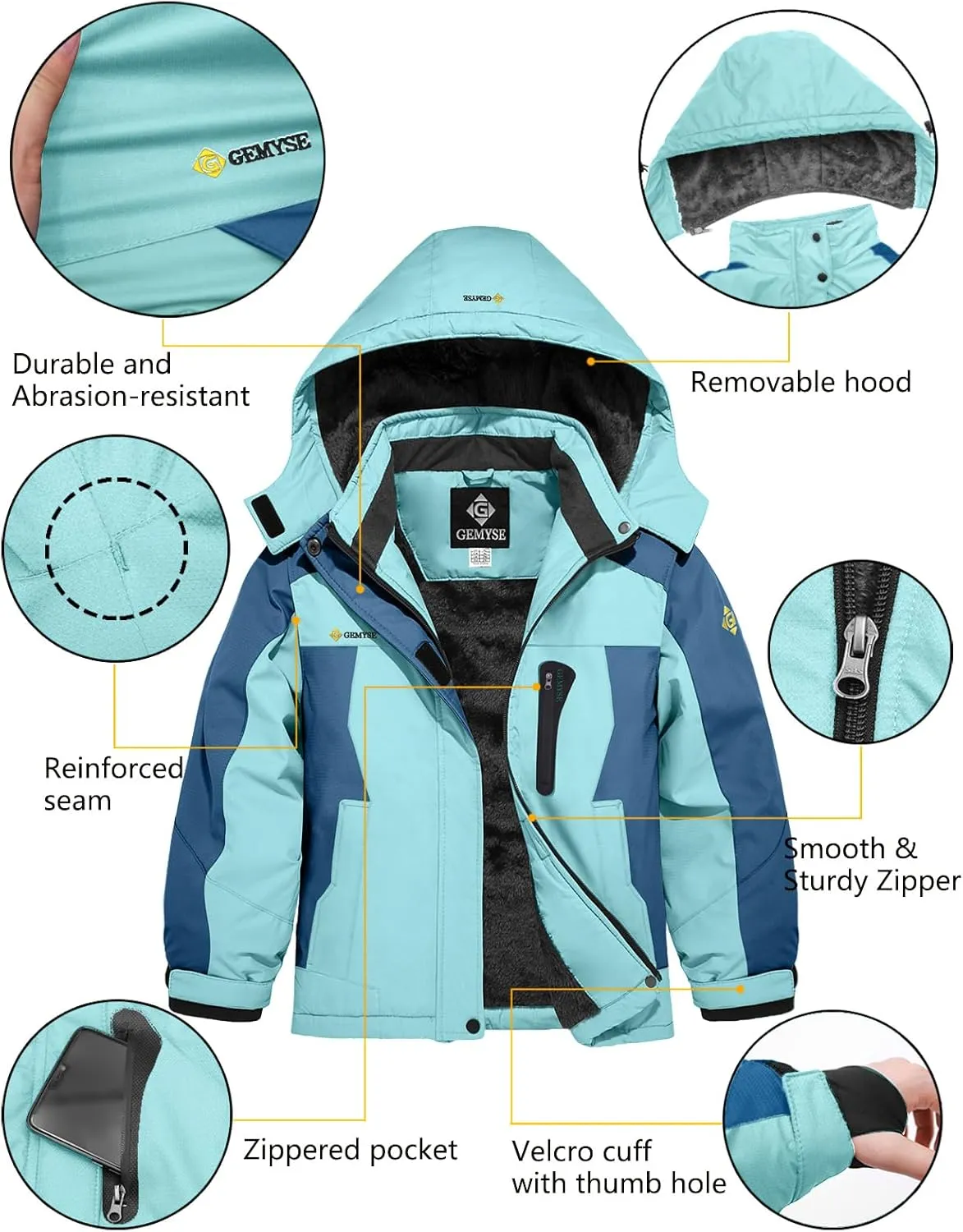 GEMYSE Girl's Waterproof Ski Snow Jacket Hooded Fleece Lined Windproof Winter Jacket