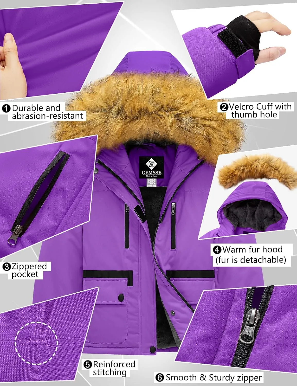 GEMYSE Girl's Winter Waterproof Ski Snow Jacket Fleece Windproof Jacket with Hood