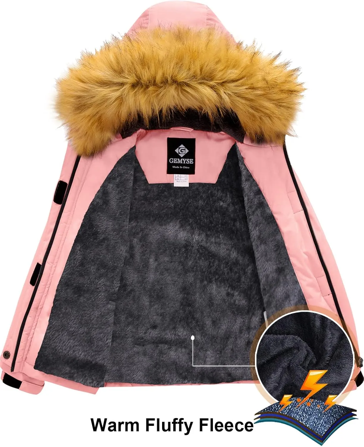 GEMYSE Girl's Winter Waterproof Ski Snow Jacket Fleece Windproof Jacket with Hood