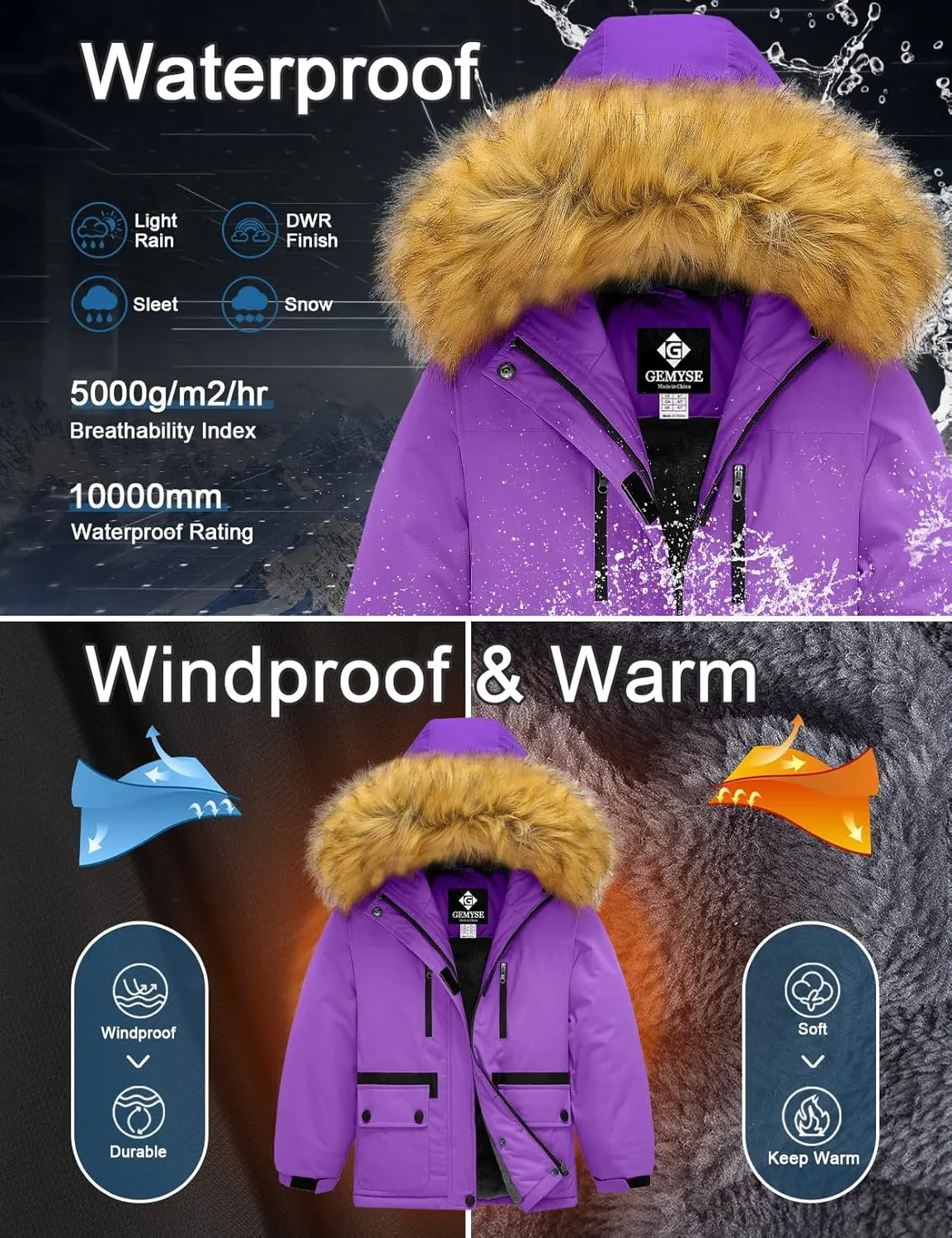 GEMYSE Girl's Winter Waterproof Ski Snow Jacket Fleece Windproof Jacket with Hood