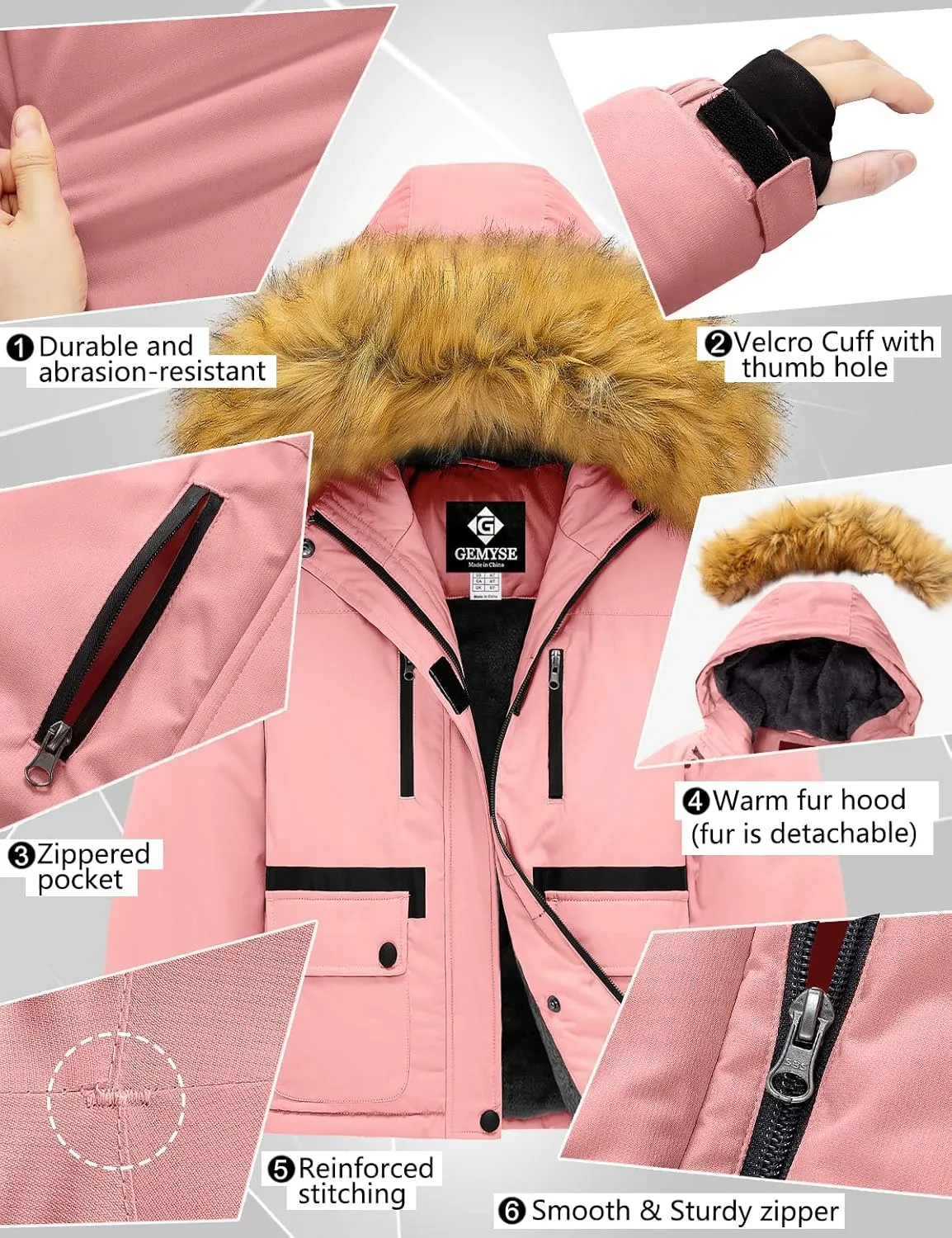GEMYSE Girl's Winter Waterproof Ski Snow Jacket Fleece Windproof Jacket with Hood