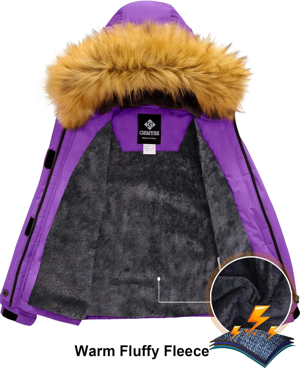 GEMYSE Girl's Winter Waterproof Ski Snow Jacket Fleece Windproof Jacket with Hood