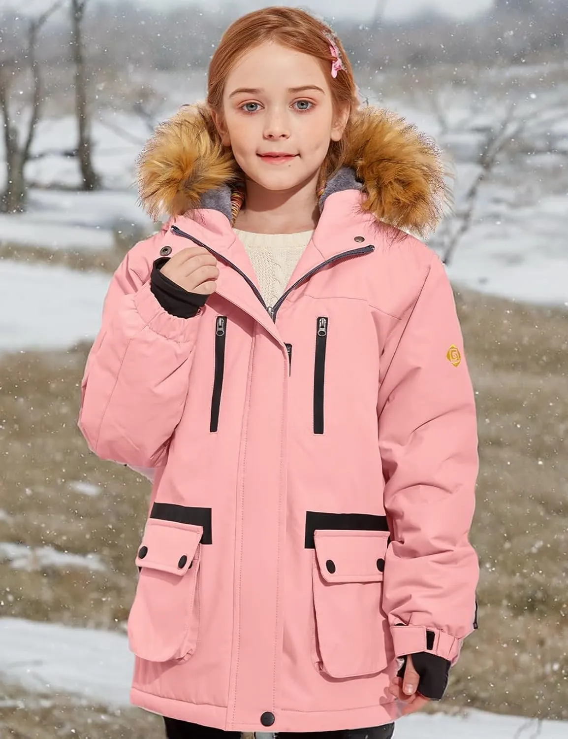 GEMYSE Girl's Winter Waterproof Ski Snow Jacket Fleece Windproof Jacket with Hood