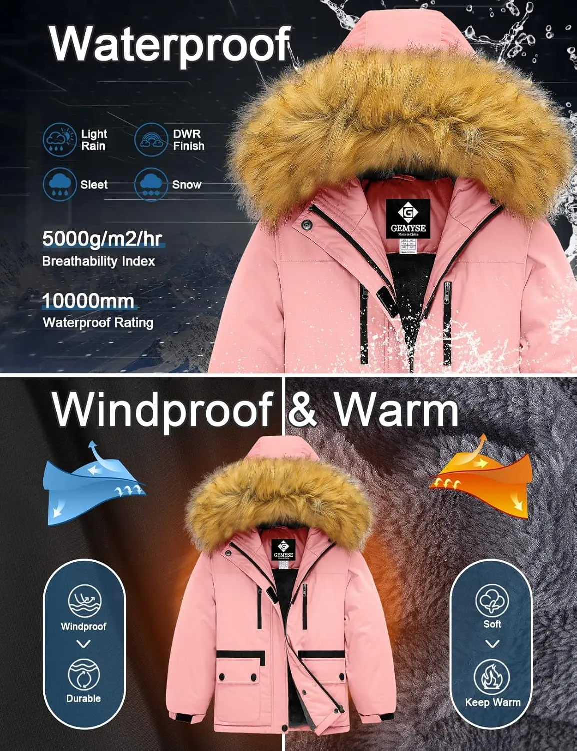 GEMYSE Girl's Winter Waterproof Ski Snow Jacket Fleece Windproof Jacket with Hood