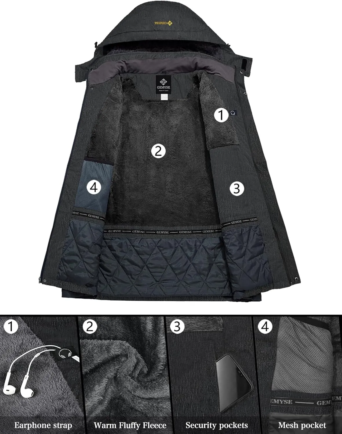 GEMYSE Men's Mountain Waterproof Ski Snow Jacket Winter Windproof Rain Jacket