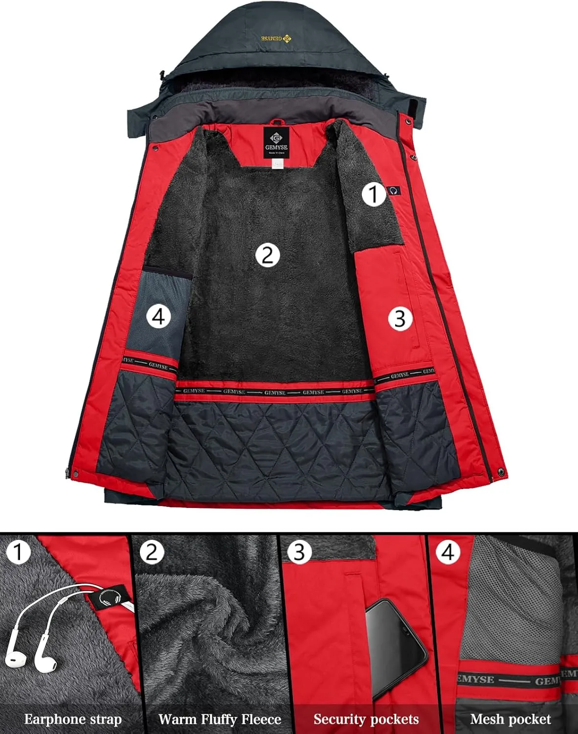 GEMYSE Men's Mountain Waterproof Ski Snow Jacket Winter Windproof Rain Jacket