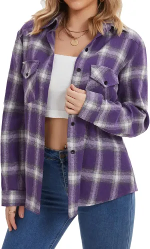 Genhoo Womens Flannel Shirts Roll Up Long Sleeve Plaid Shirt Collared Button Down Gingham Casual Top S-4XL
