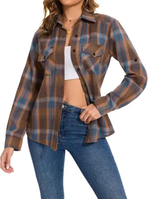 Genhoo Womens Flannel Shirts Roll Up Long Sleeve Plaid Shirt Collared Button Down Gingham Casual Top S-4XL
