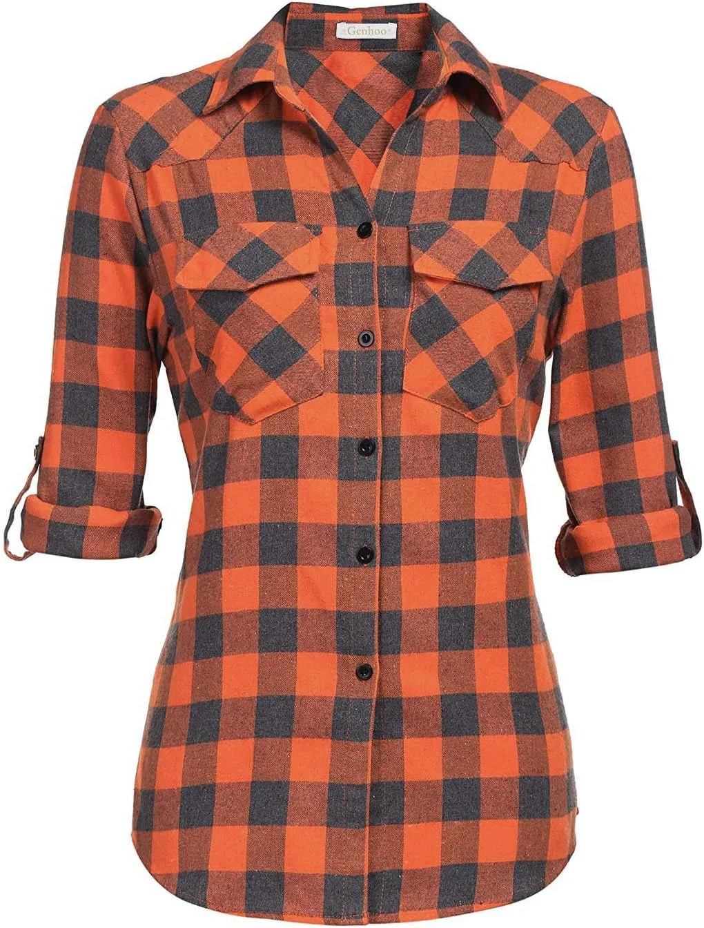 Genhoo Womens Flannel Shirts Roll Up Long Sleeve Plaid Shirt Collared Button Down Gingham Casual Top S-4XL