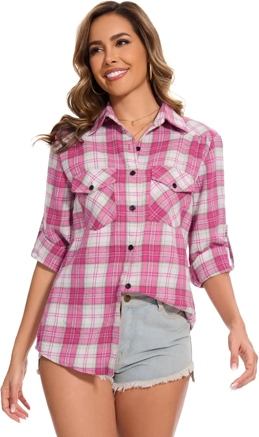 Genhoo Womens Flannel Shirts Roll Up Long Sleeve Plaid Shirt Collared Button Down Gingham Casual Top S-4XL