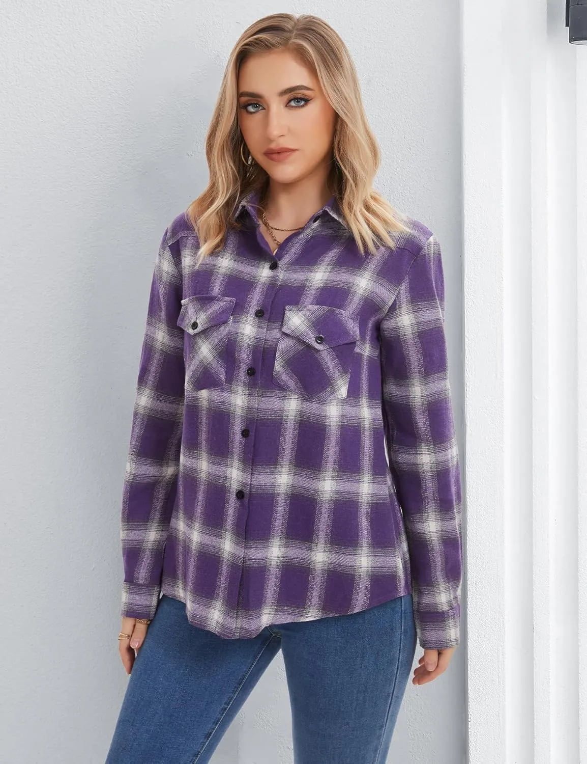 Genhoo Womens Flannel Shirts Roll Up Long Sleeve Plaid Shirt Collared Button Down Gingham Casual Top S-4XL