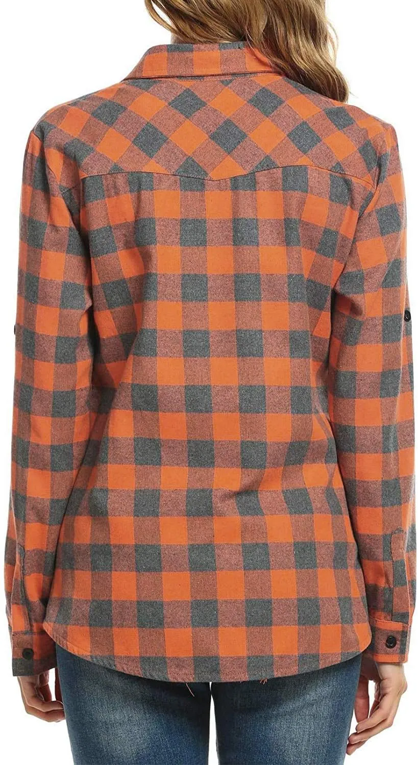 Genhoo Womens Flannel Shirts Roll Up Long Sleeve Plaid Shirt Collared Button Down Gingham Casual Top S-4XL