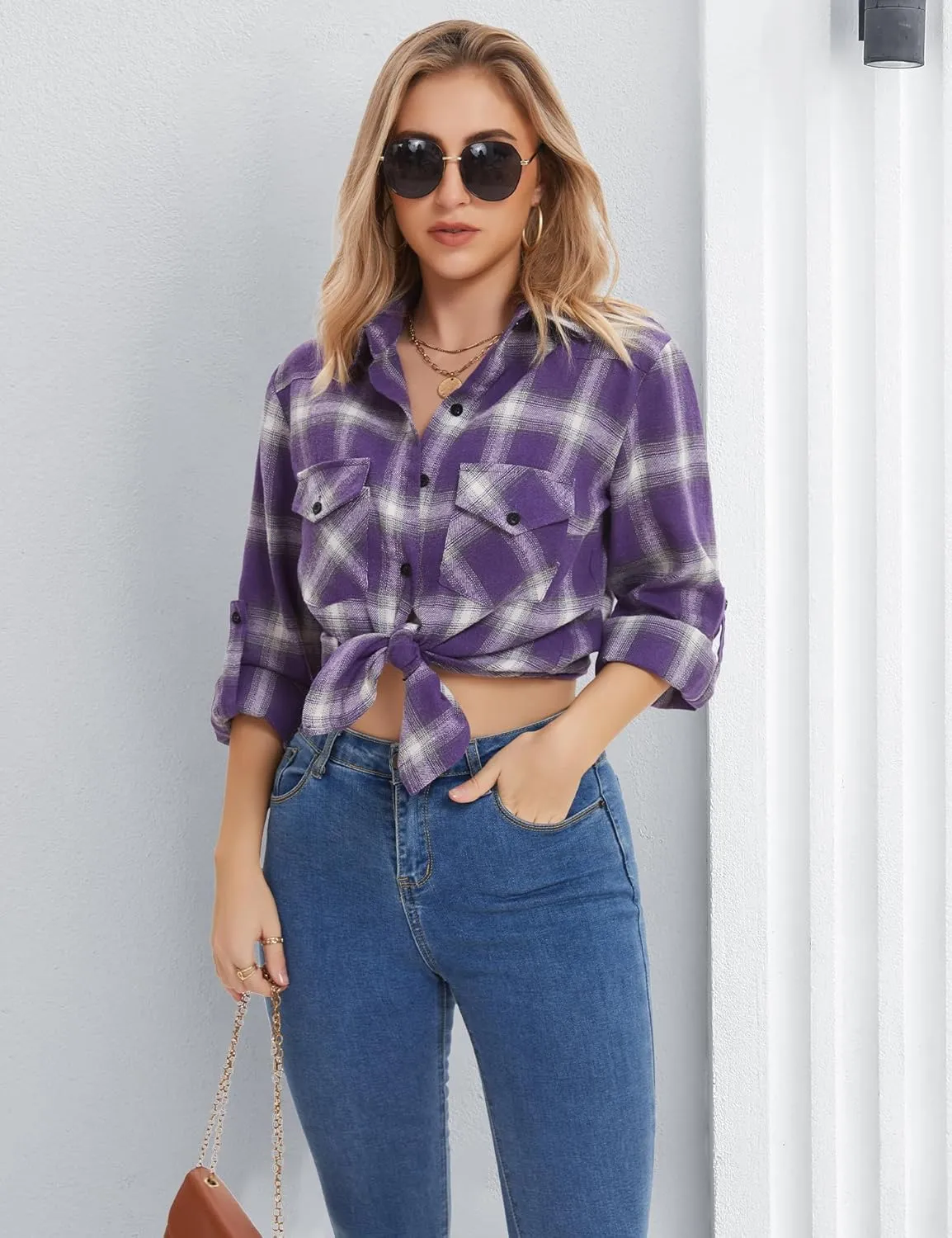 Genhoo Womens Flannel Shirts Roll Up Long Sleeve Plaid Shirt Collared Button Down Gingham Casual Top S-4XL