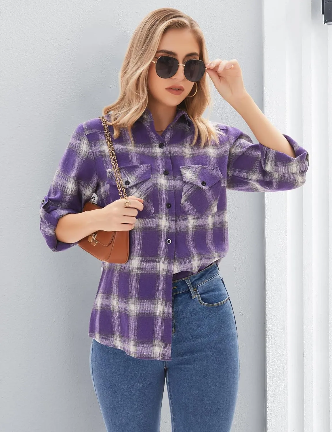 Genhoo Womens Flannel Shirts Roll Up Long Sleeve Plaid Shirt Collared Button Down Gingham Casual Top S-4XL