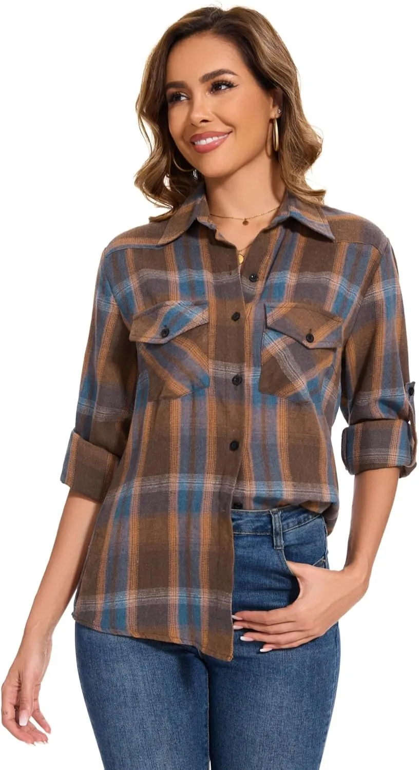 Genhoo Womens Flannel Shirts Roll Up Long Sleeve Plaid Shirt Collared Button Down Gingham Casual Top S-4XL