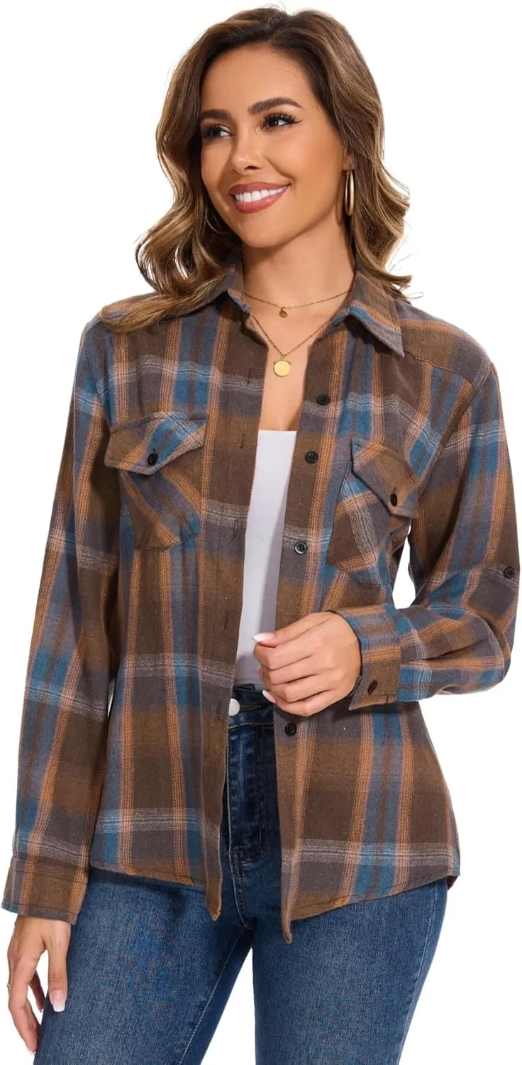 Genhoo Womens Flannel Shirts Roll Up Long Sleeve Plaid Shirt Collared Button Down Gingham Casual Top S-4XL