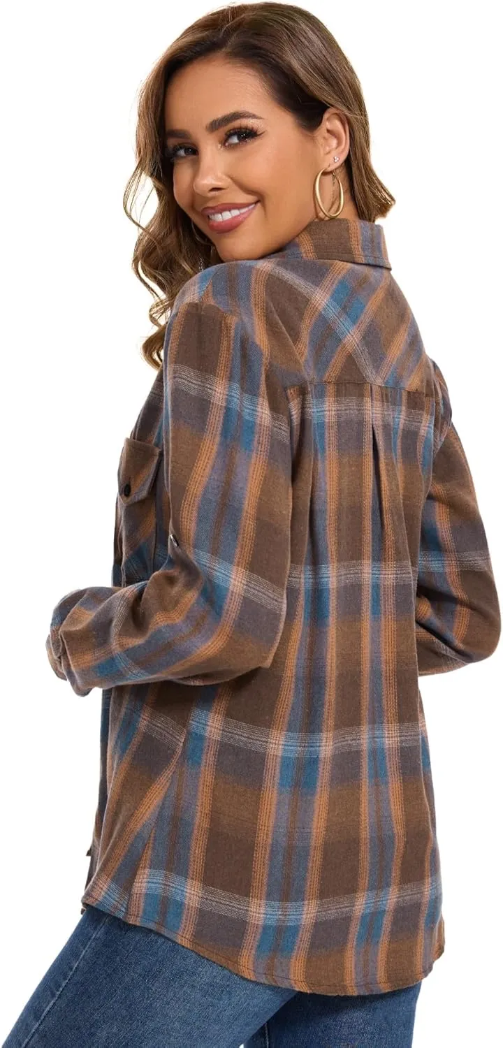 Genhoo Womens Flannel Shirts Roll Up Long Sleeve Plaid Shirt Collared Button Down Gingham Casual Top S-4XL