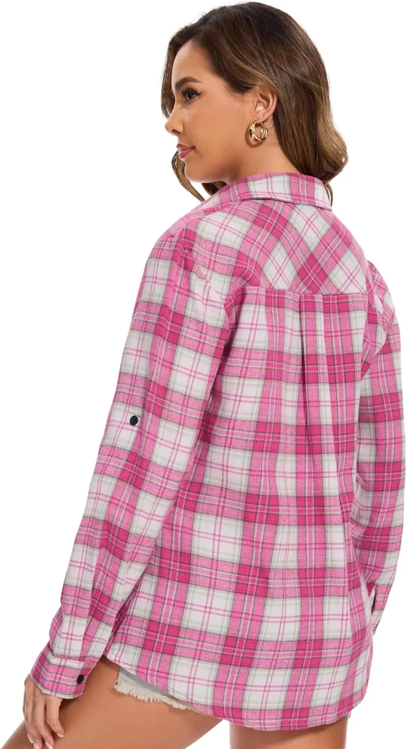 Genhoo Womens Flannel Shirts Roll Up Long Sleeve Plaid Shirt Collared Button Down Gingham Casual Top S-4XL