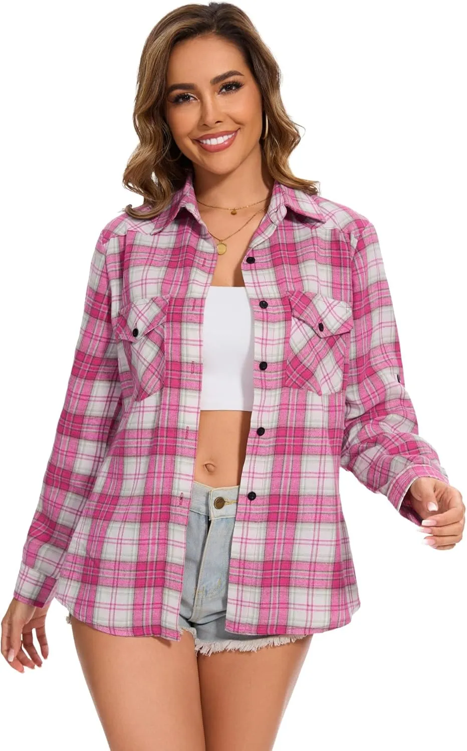 Genhoo Womens Flannel Shirts Roll Up Long Sleeve Plaid Shirt Collared Button Down Gingham Casual Top S-4XL
