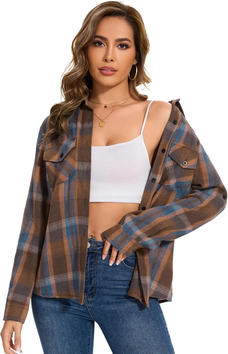 Genhoo Womens Flannel Shirts Roll Up Long Sleeve Plaid Shirt Collared Button Down Gingham Casual Top S-4XL