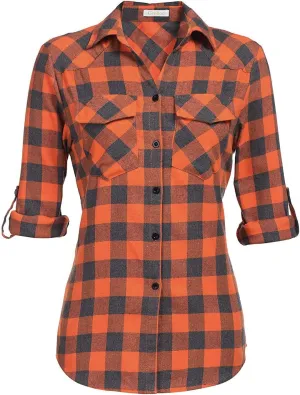 Genhoo Womens Flannel Shirts Roll Up Long Sleeve Plaid Shirt Collared Button Down Gingham Casual Top S-4XL