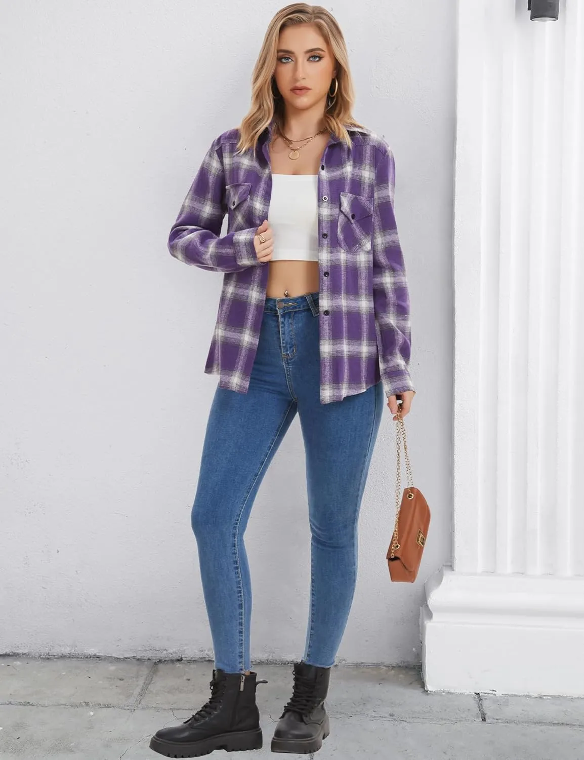 Genhoo Womens Flannel Shirts Roll Up Long Sleeve Plaid Shirt Collared Button Down Gingham Casual Top S-4XL