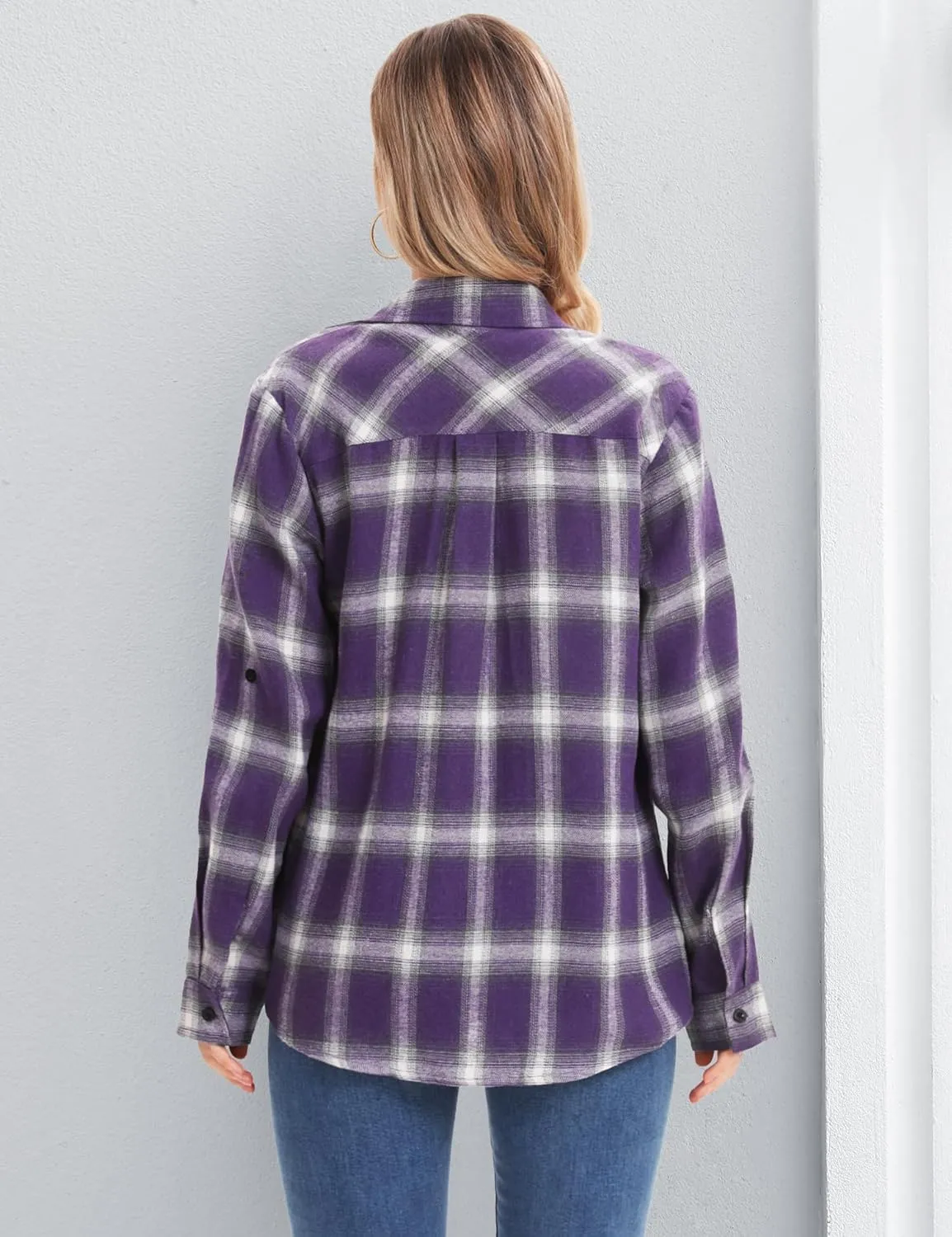Genhoo Womens Flannel Shirts Roll Up Long Sleeve Plaid Shirt Collared Button Down Gingham Casual Top S-4XL
