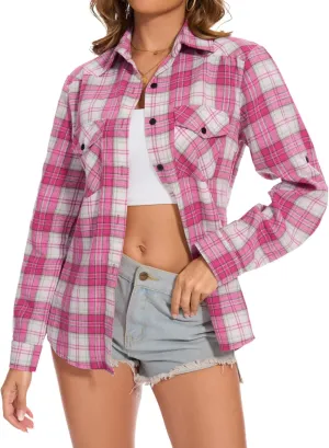 Genhoo Womens Flannel Shirts Roll Up Long Sleeve Plaid Shirt Collared Button Down Gingham Casual Top S-4XL