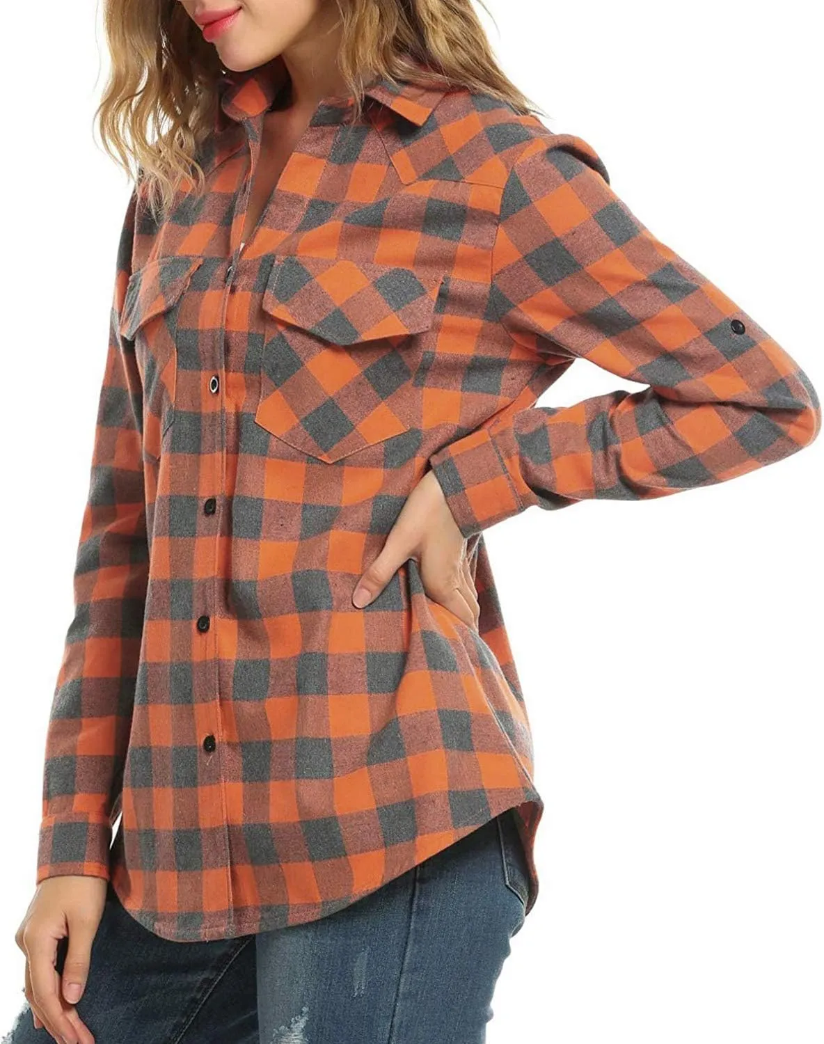 Genhoo Womens Flannel Shirts Roll Up Long Sleeve Plaid Shirt Collared Button Down Gingham Casual Top S-4XL