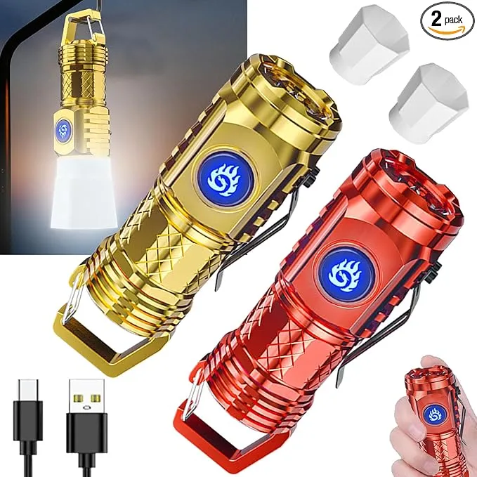 German Three-eyed Monster Mini Flashlight Thumb Flashlight, Mini Flash Super Power Flashlight, Multi-Functional Mini Pen Clip Flashlight Light Steel High Lumen Rechargeable Waterproof (Red Gold)